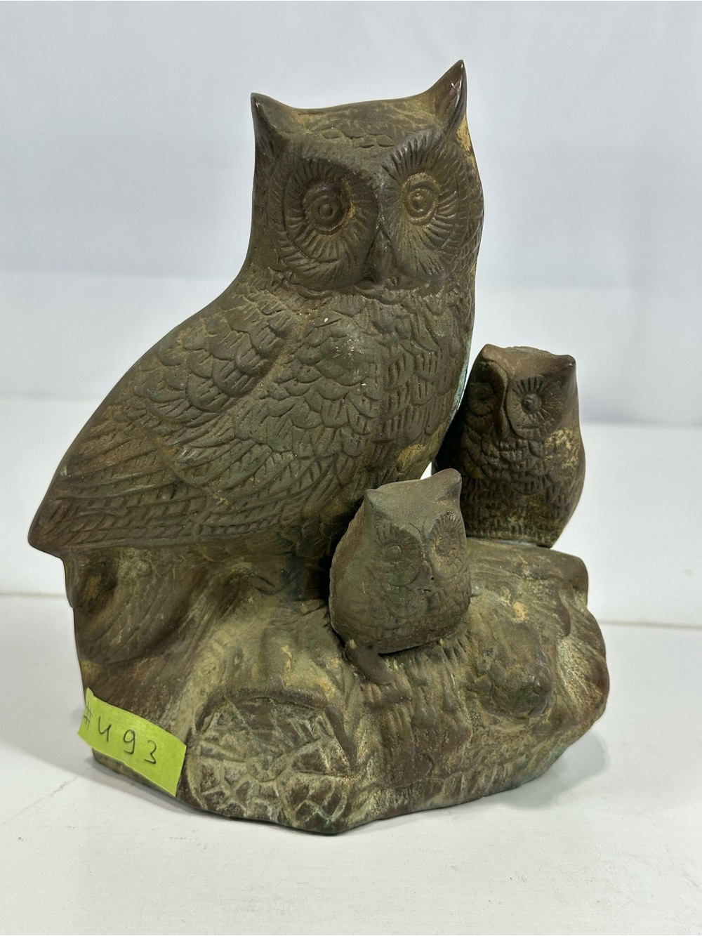 #493 Vintage Solid Brass 7”H Owl Family Figurine On Log Beautiful Detail